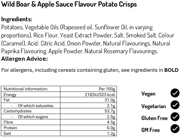 Wild Boar and Apple Potato Crisps 40g (Case of 24)