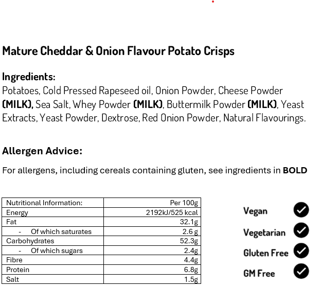 Mature Cheddar and Red Onion Crisps 150g (Caseof 12)