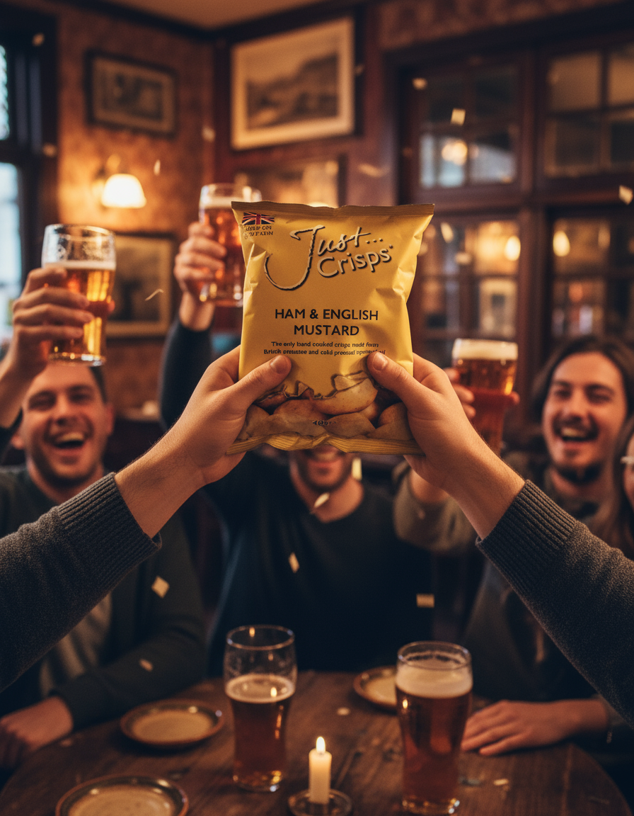Two people holding a packet of Just Crisps Ham & English Mustard in a pub setting with people in the background.