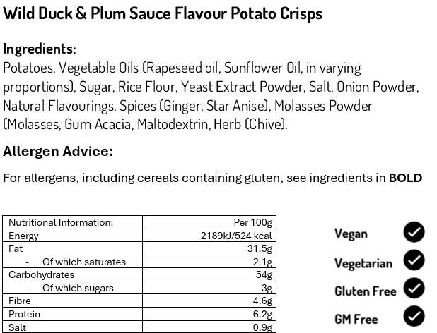 Wild Duck and Plum Sauce Potato Crisps 40g (Case of 24)