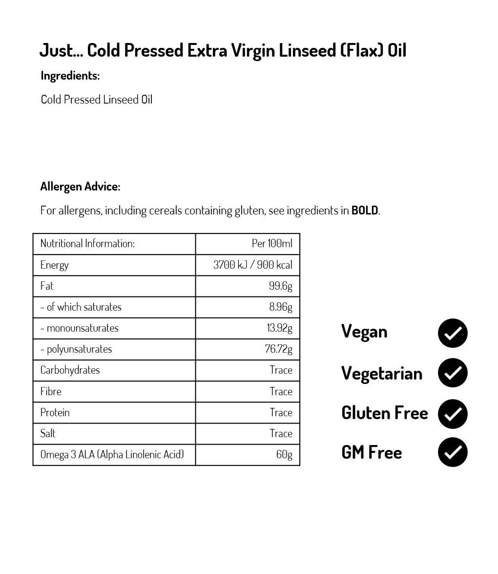 Linseed (Flaxseed) Cold Pressed Extra Virgin Oil for human consumption, 250ml