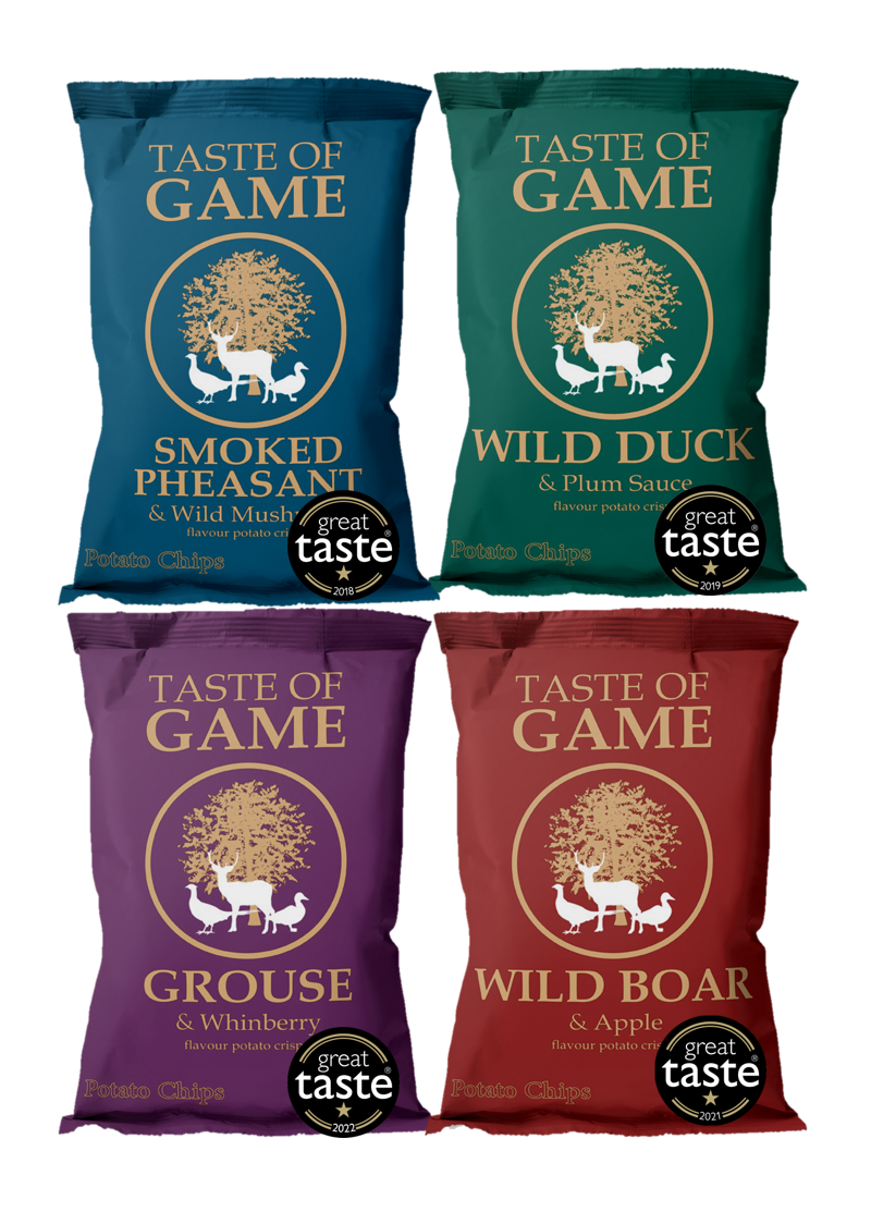 Mixed Box - Wild Boar and Apple, Wild Duck and Plum, Grouse and Whinberry, Smoked Pheasant and Mushroom Potato Crisps 40g (Case of 24)