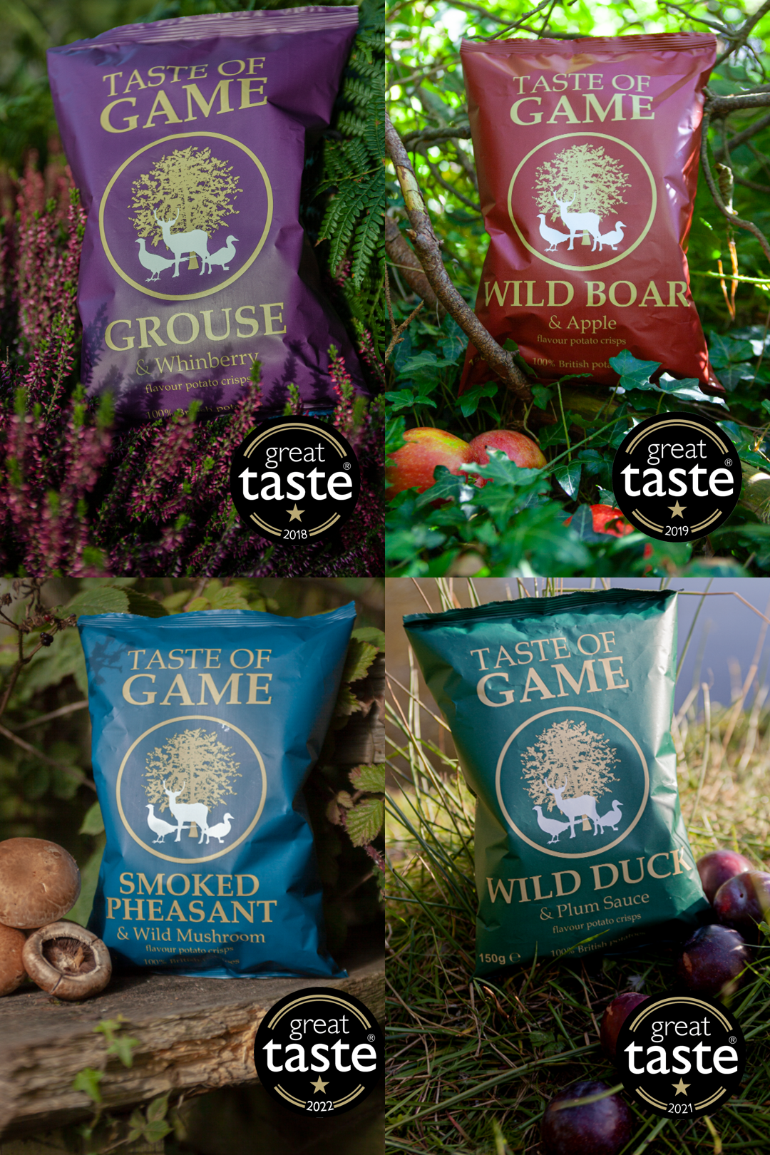 Mixed Box - Wild Boar and Apple, Wild Duck and Plum, Grouse and Whinberry, Smoked Pheasant and Wild Mushroom Potato Crisps 150g (Case of 12)