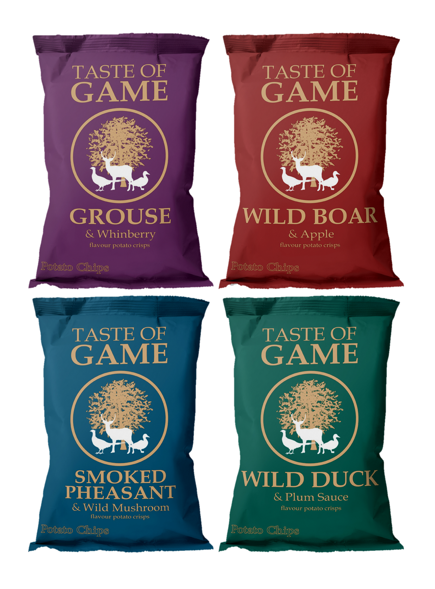 Mixed Box - Wild Boar and Apple, Wild Duck and Plum, Grouse and Whinberry, Smoked Pheasant and Wild Mushroom Potato Crisps 150g (Case of 12)