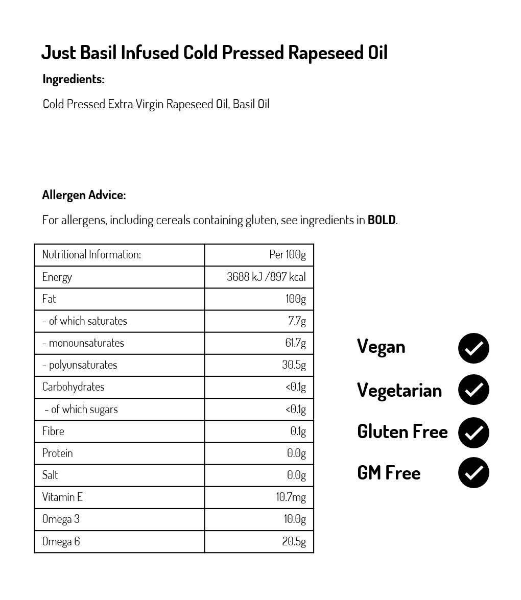 Basil Infused Cold Pressed Rapeseed Oil 250ml (Case of 6)