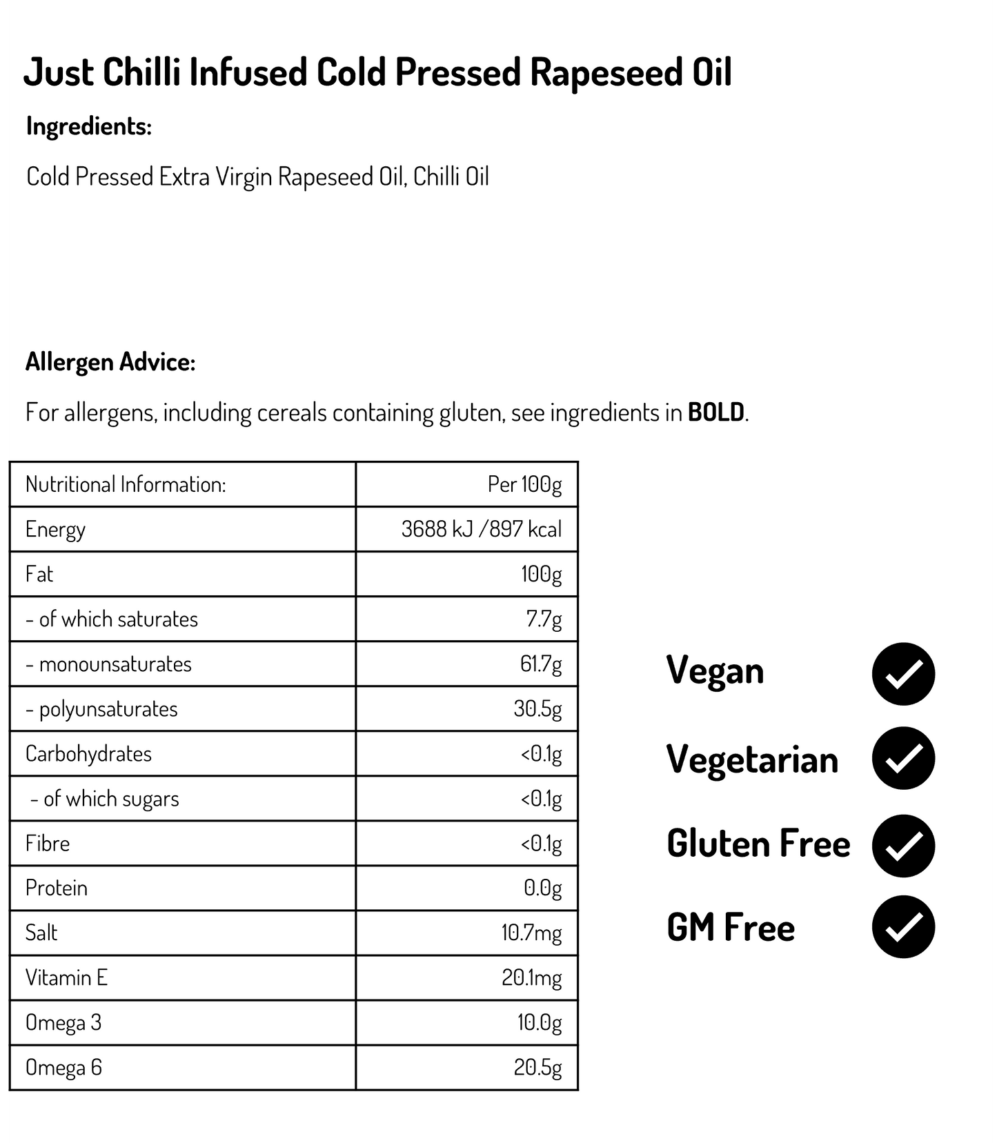 Chilli Infused Cold Pressed Rapeseed Oil 250ml (Case of 6)