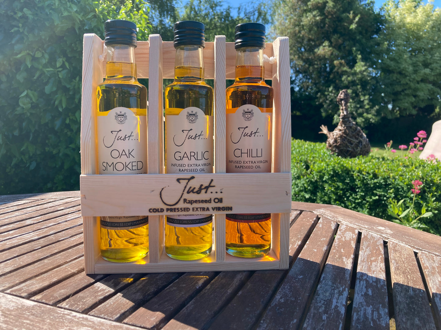 BBQ King Cruet Set - Oak Smoked, Garlic and Chilli Infused Cold Pressed Rapeseed Oil 250ml (Set of 3)