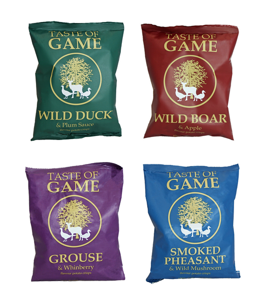 Mixed Box - Wild Boar and Apple, Wild Duck and Plum, Grouse and Whinberry, Smoked Pheasant and Wild Mushroom Potato Crisps 150g (Case of 12)