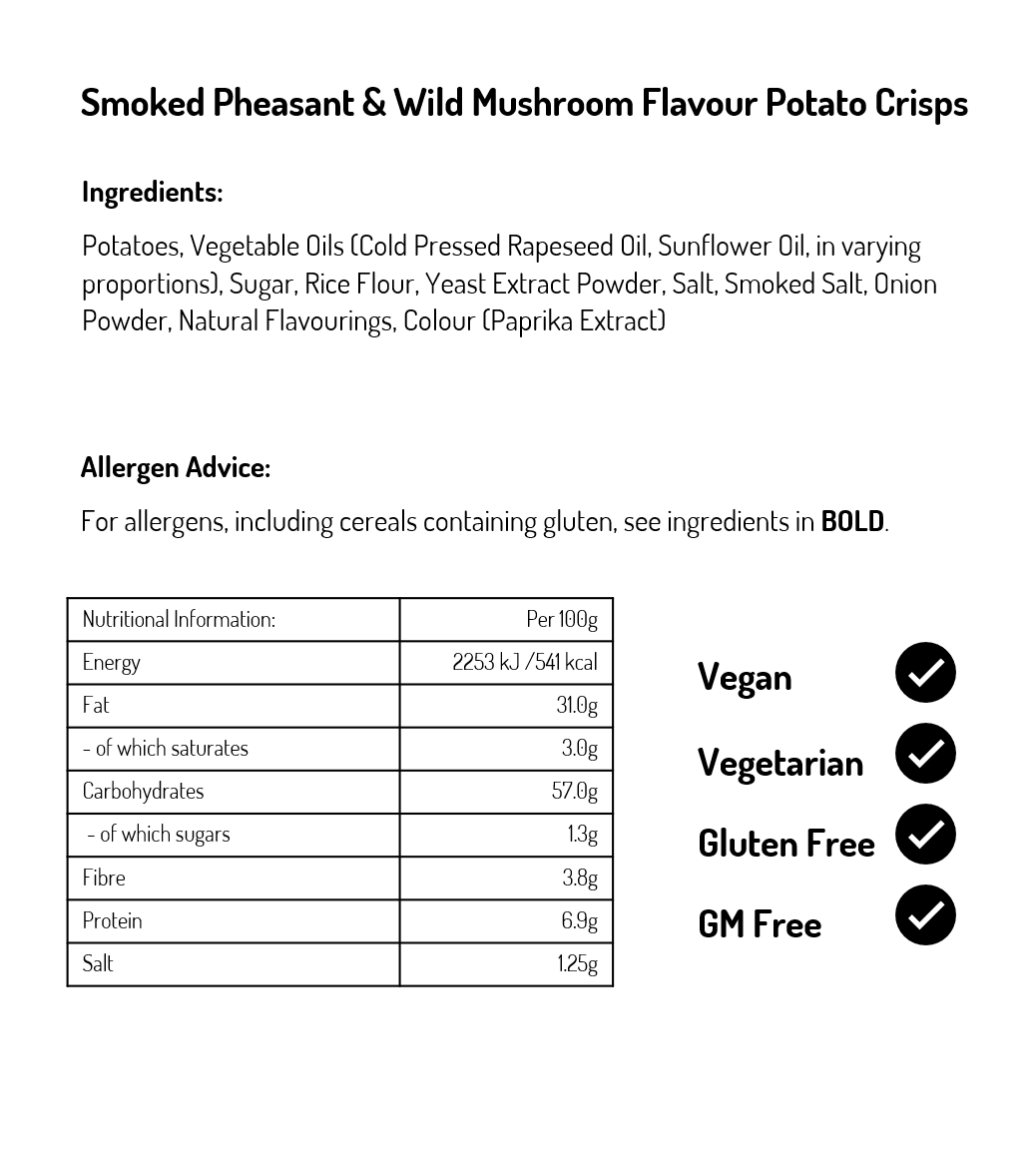 Smoked Pheasant and Wild Mushroom Potato Crisps 150g (Case of 12)